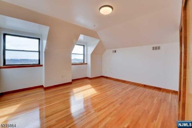 additional living space with hardwood / wood-style floors and lofted ceiling