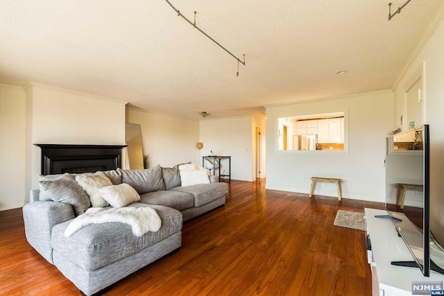 living room with wood-type flooring, a textured ceiling, and ornamental molding