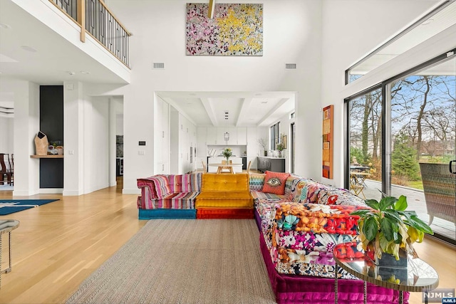 living room featuring light hardwood / wood-style floors and a high ceiling