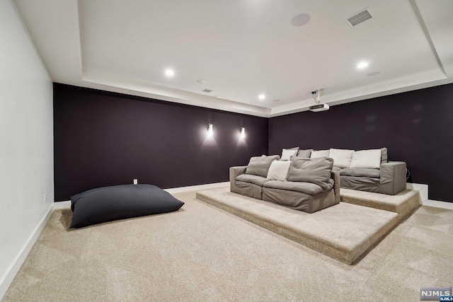 carpeted home theater room with a raised ceiling