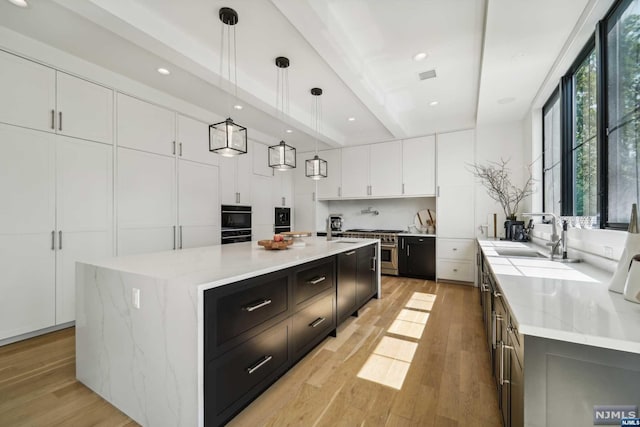 kitchen with sink, pendant lighting, light hardwood / wood-style floors, white cabinetry, and a large island