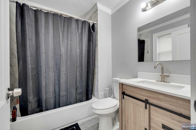 full bathroom with crown molding, shower / bath combo with shower curtain, vanity, and toilet