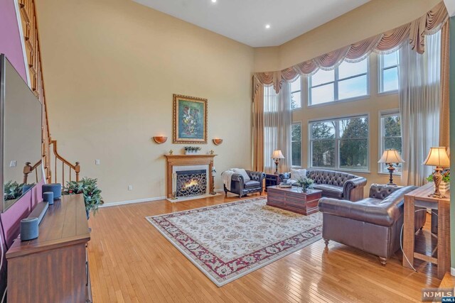 living room with hardwood / wood-style floors and a towering ceiling