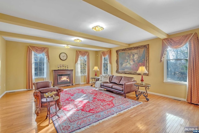 living room featuring beam ceiling, light hardwood / wood-style flooring, and a healthy amount of sunlight