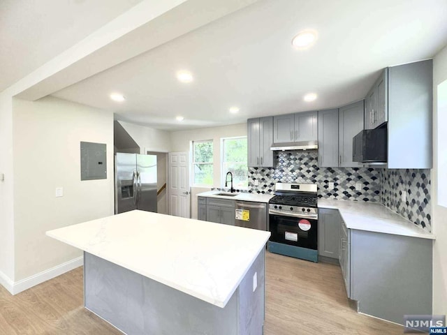 kitchen featuring sink, light hardwood / wood-style flooring, appliances with stainless steel finishes, a center island, and tasteful backsplash