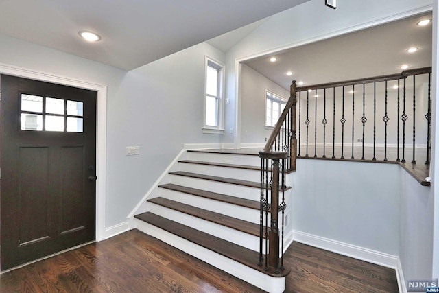 foyer entrance with a wealth of natural light and dark wood-type flooring