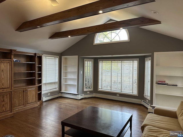 unfurnished living room featuring beamed ceiling, dark hardwood / wood-style floors, and high vaulted ceiling