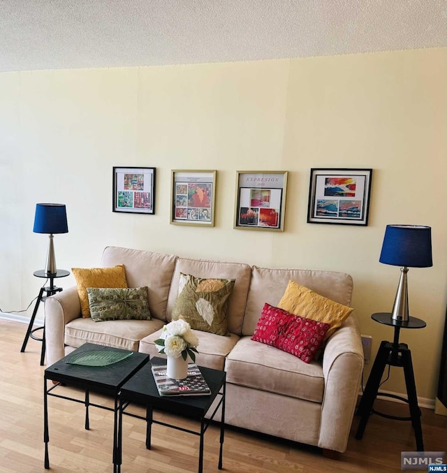 living room with hardwood / wood-style floors and a textured ceiling