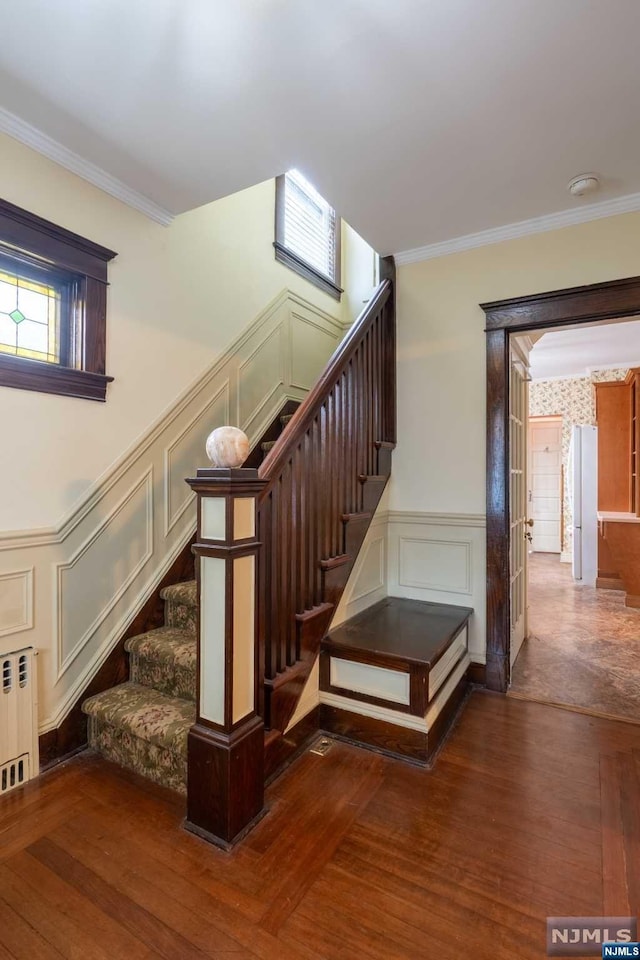 staircase with hardwood / wood-style flooring, a wealth of natural light, ornamental molding, and radiator