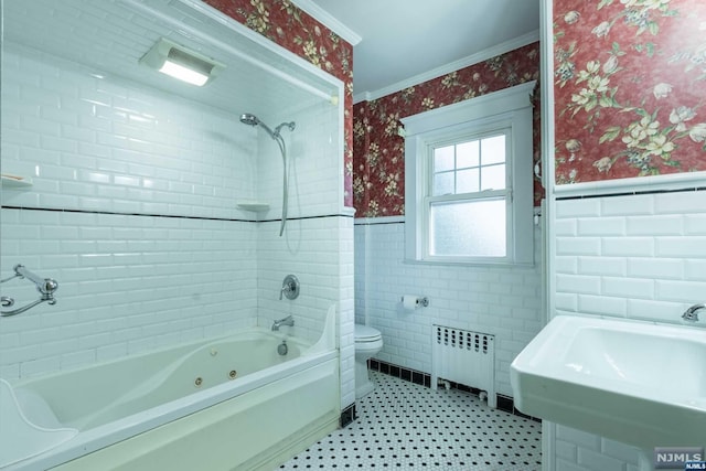 full bathroom with tiled shower / bath combo, crown molding, radiator heating unit, and tile walls