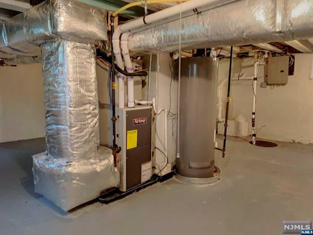 utility room with gas water heater and electric panel