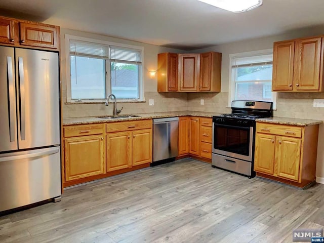 kitchen with a wealth of natural light, light hardwood / wood-style floors, sink, and appliances with stainless steel finishes