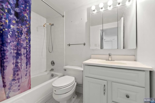 full bathroom with tile patterned floors, vanity, toilet, and shower / bathtub combination with curtain