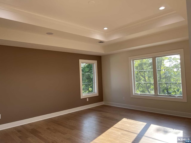 spare room with a tray ceiling, crown molding, and dark wood-type flooring