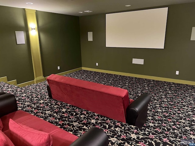 home theater featuring carpet flooring