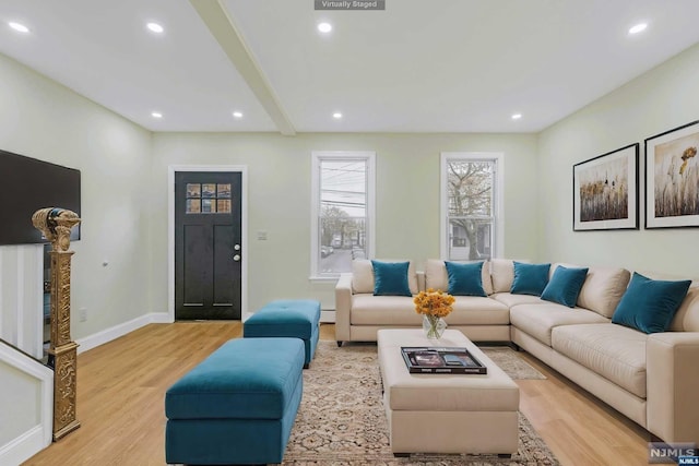 living room featuring light hardwood / wood-style floors and a baseboard radiator