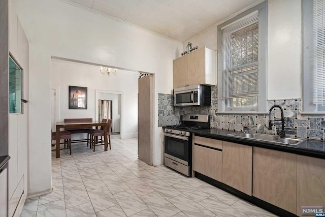 kitchen featuring crown molding, sink, stainless steel appliances, and plenty of natural light