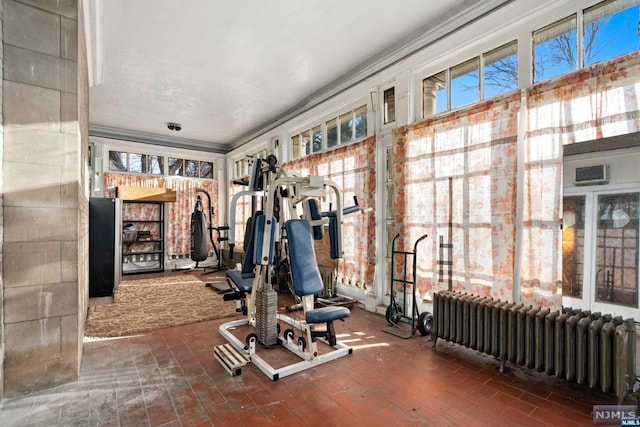 workout room with a wealth of natural light, radiator heating unit, and crown molding