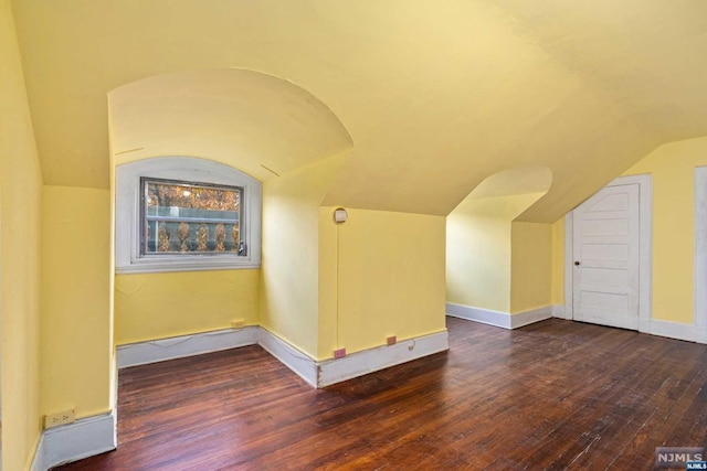 additional living space with vaulted ceiling and dark wood-type flooring