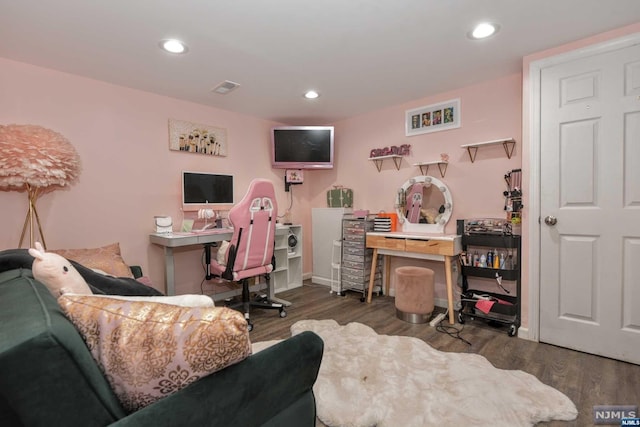 home office featuring dark hardwood / wood-style flooring