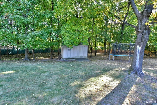 view of yard with a trampoline and a storage shed