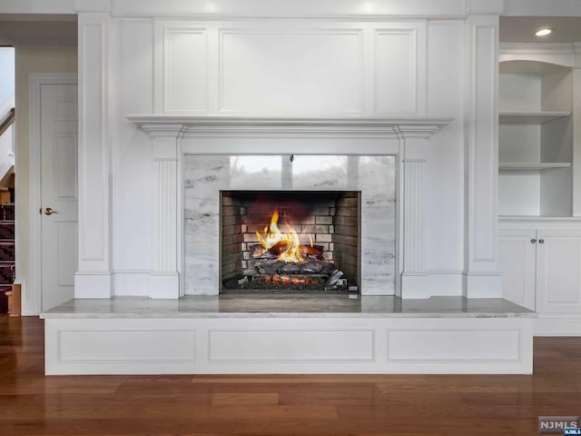 details with a fireplace, wood-type flooring, and built in features