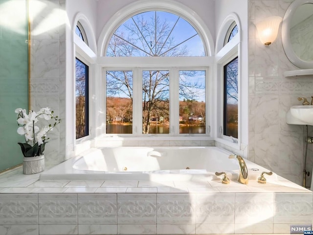 bathroom featuring tiled tub and a healthy amount of sunlight