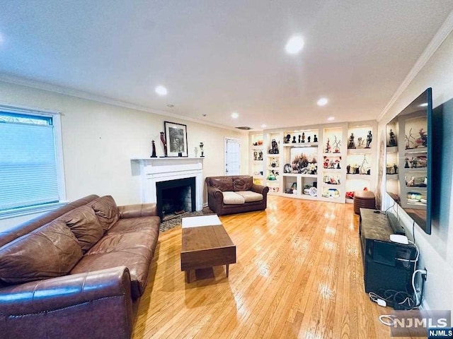 living room with ornamental molding, light wood-type flooring, and built in features