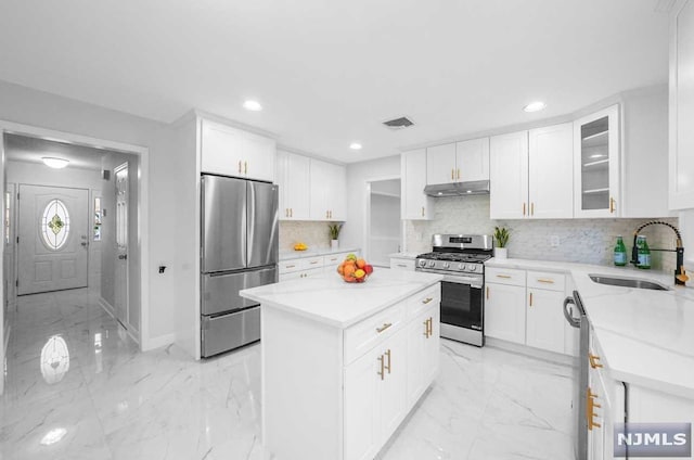 kitchen featuring sink, decorative backsplash, a kitchen island, white cabinetry, and stainless steel appliances