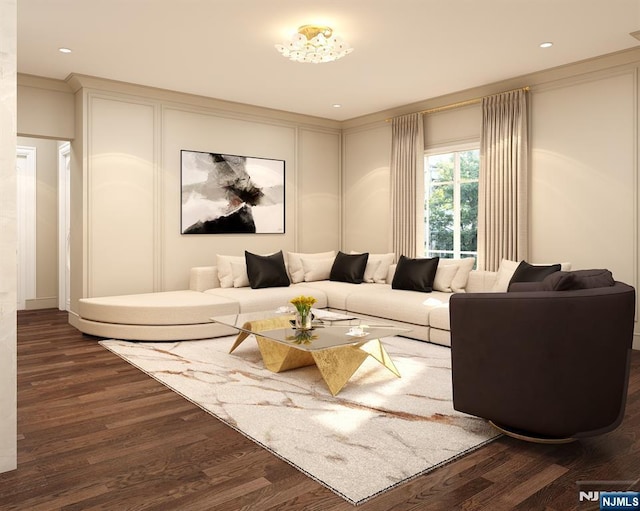 living room with crown molding and dark hardwood / wood-style flooring