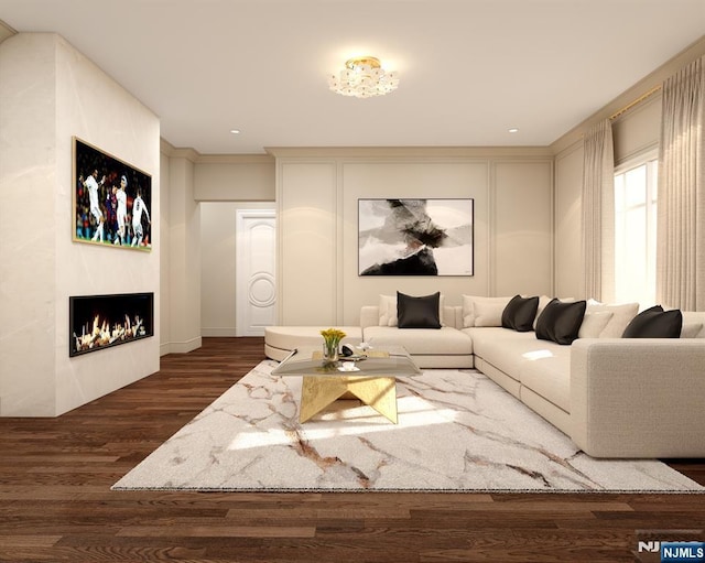 living room featuring dark hardwood / wood-style flooring