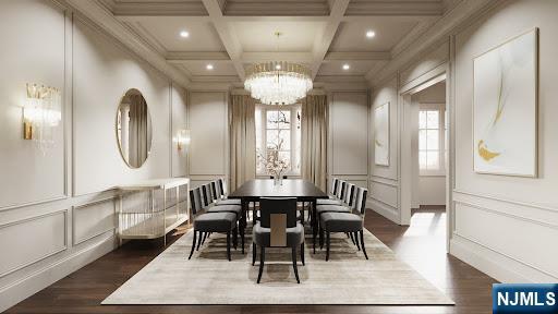 dining area with coffered ceiling, crown molding, dark hardwood / wood-style floors, a notable chandelier, and beam ceiling