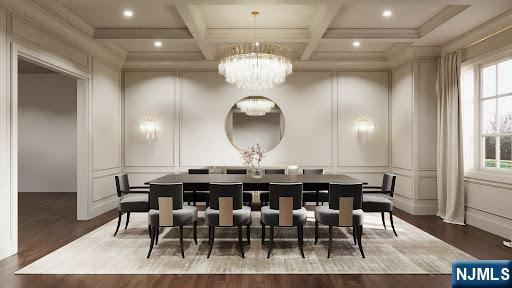 dining room featuring dark wood-type flooring, coffered ceiling, a chandelier, ornamental molding, and beamed ceiling