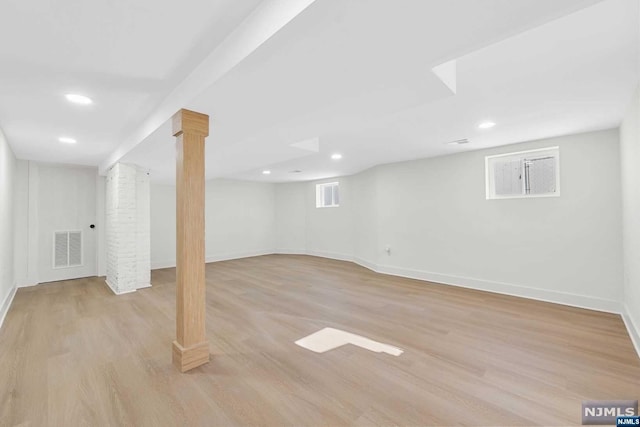 basement with light wood-type flooring