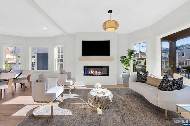 living room featuring beamed ceiling and wood-type flooring