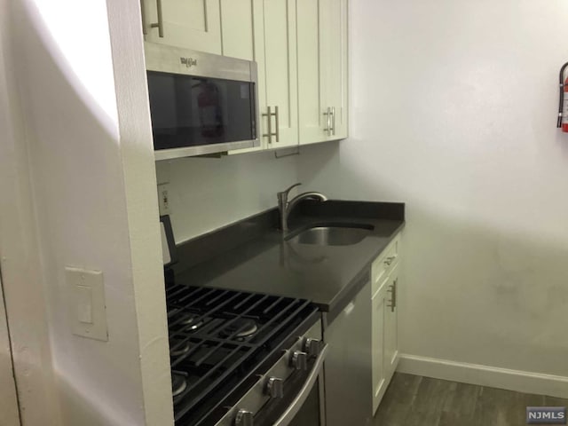 kitchen with sink, white cabinets, dark hardwood / wood-style floors, and appliances with stainless steel finishes