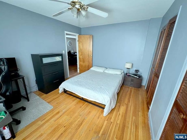 bedroom with ceiling fan and wood-type flooring