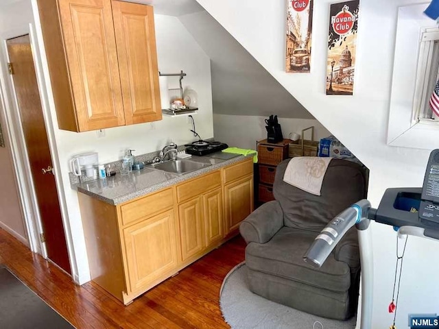 bar featuring dark hardwood / wood-style flooring, sink, light brown cabinetry, and vaulted ceiling