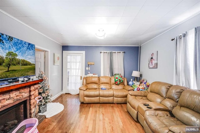 living room featuring light hardwood / wood-style floors, ornamental molding, and a fireplace