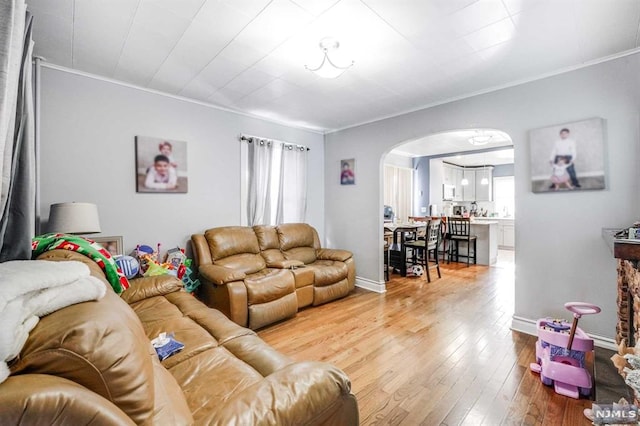 living room with light hardwood / wood-style flooring and ornamental molding