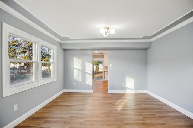 empty room featuring light wood-type flooring and ornamental molding