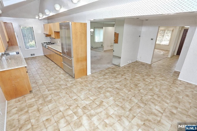 kitchen featuring lofted ceiling, light stone counters, stainless steel appliances, and a healthy amount of sunlight