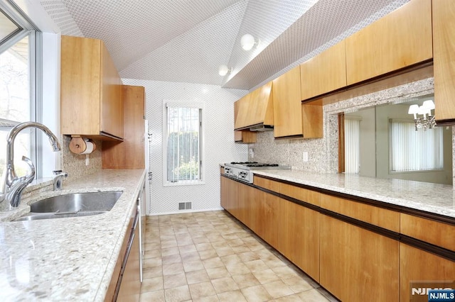 kitchen featuring appliances with stainless steel finishes, light stone countertops, sink, and custom range hood