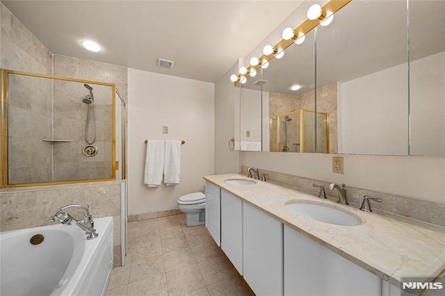 full bathroom with tile patterned floors, vanity, toilet, and plus walk in shower