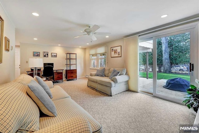 living room featuring ceiling fan and carpet