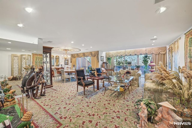 living room featuring a notable chandelier