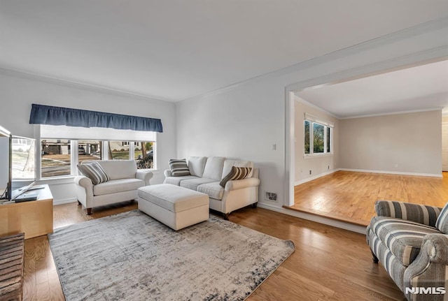 living room featuring wood-type flooring, ornamental molding, and plenty of natural light