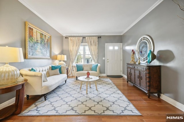 living room with ornamental molding and wood-type flooring