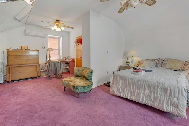 carpeted bedroom featuring a wall mounted AC, vaulted ceiling, and ceiling fan