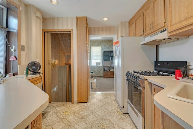 kitchen with light brown cabinets, light colored carpet, sink, and gas range gas stove